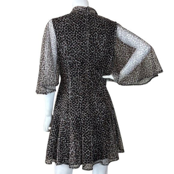 Black Halo Leopard Print Metallic Glitter Dot Sheer Dress Brown Silver Size 12 - Picture 2 of 10
